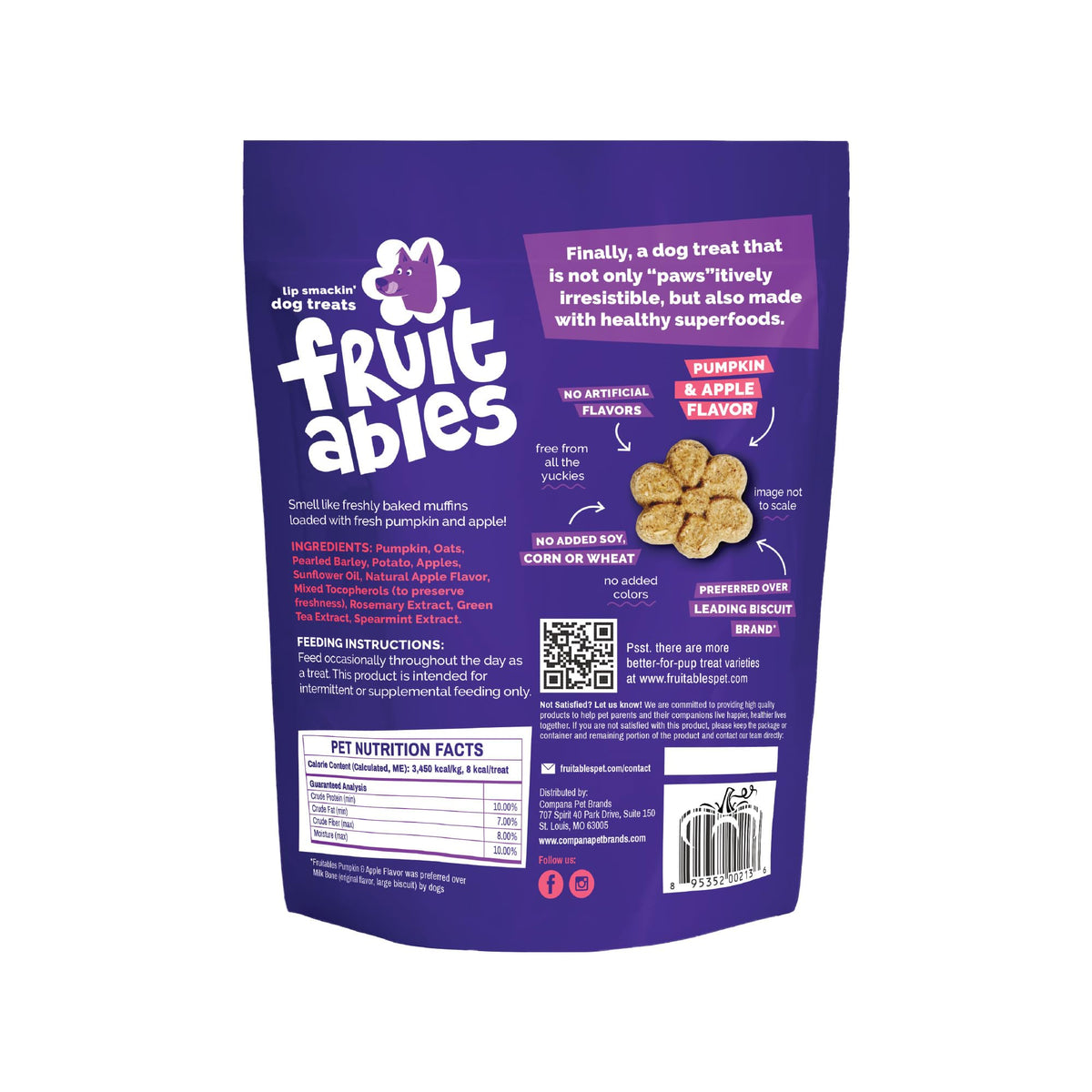 Fruitables Baked Dog Treats, Low Calorie Treats, Pumpkin & Blueberry, 12oz