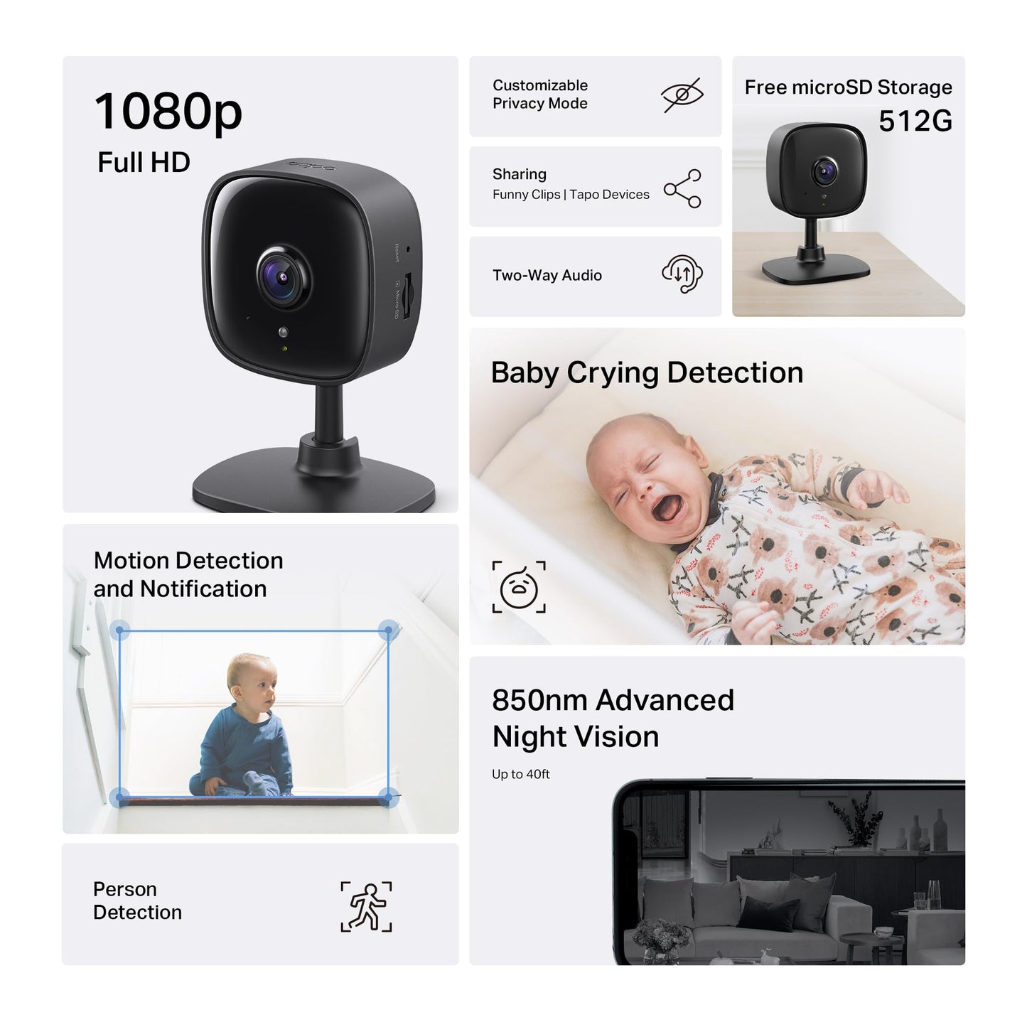 Tapo 1080P Indoor Security Camera, Baby Monitor, Dog Camera, Wired, C100