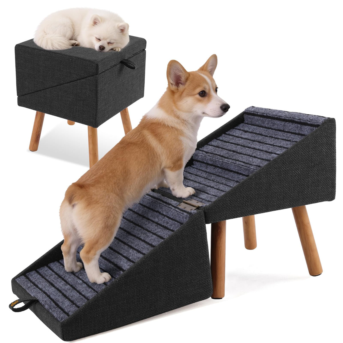 Dog Stairs for Small Dogs Faux Leather Foldable Pet Ramp and Ottoman