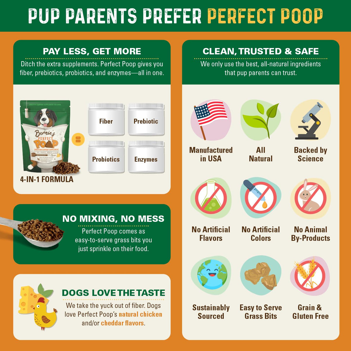 Bernie's Perfect Poop 4-in-1 Dog Digestion Supplement, Cheese, 12.8 oz