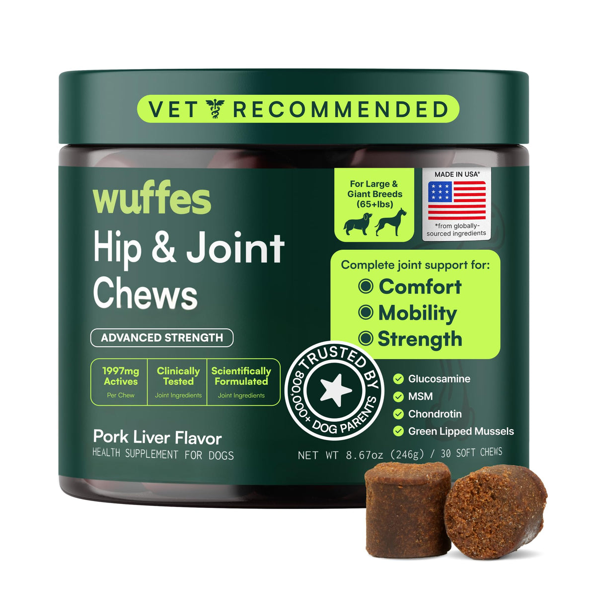 Wuffes Advanced Hip & Joint Supplement (2-Pack) - Soft Chews for Large Dogs with Glucosamine, Chondroitin, Omega 3, MSM & Green Lipped Mussel, Supports Mobility & Flexibility, 60 Pork Flavored Chews
