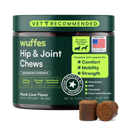 Wuffes Advanced Hip & Joint Supplement (2-Pack) - Soft Chews for Large Dogs with Glucosamine, Chondroitin, Omega 3, MSM & Green Lipped Mussel, Supports Mobility & Flexibility, 60 Pork Flavored Chews