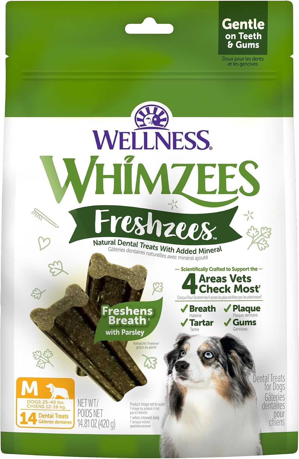Wellness WHIMZEES Freshzees Natural Dog Dental Treat, Soft Chews, Freshens Breath, Medium Size, 14.81 oz Bag, 14 Count
