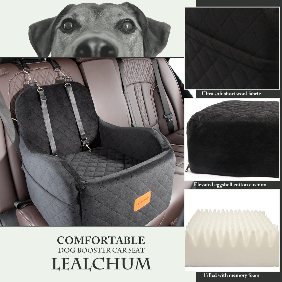 Lealchum Dog Booster Car Seat for S/M Dogs Up to 35lbs,Soft 6in Elevated Cushion,Fits in Front/Back Seat,Fully Detachable and Washable,2 Storage Pockets & 3 Straps,Easy to Install (Black/Brown,Medium)