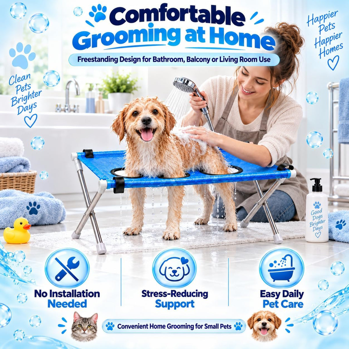 Dog Bed Foldable Grooming Hammock Stand and Bath Holder for Small Pets