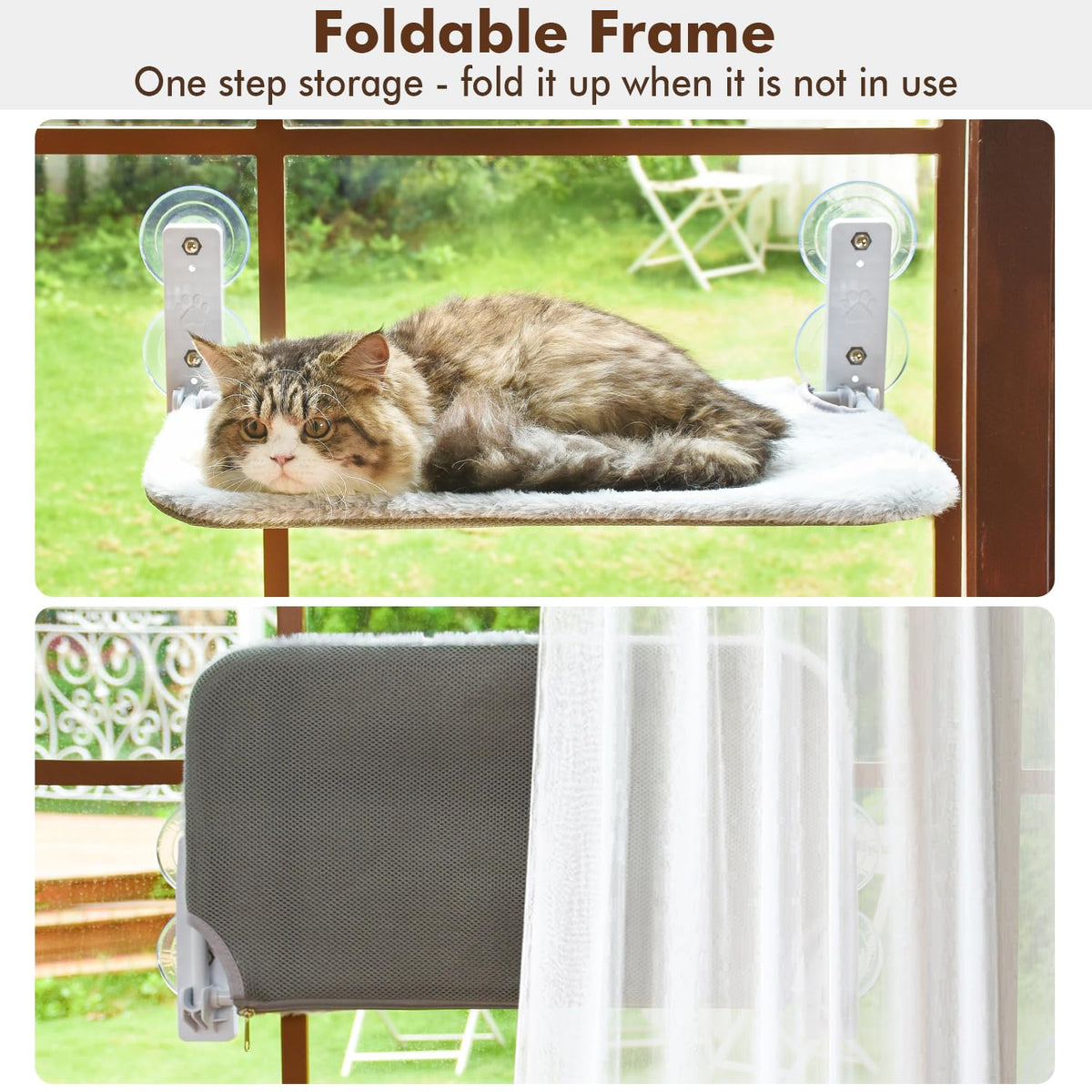 AMOSIJOY Cordless Cat Window Perch with Cushion Bed Metal Frame, L Gray