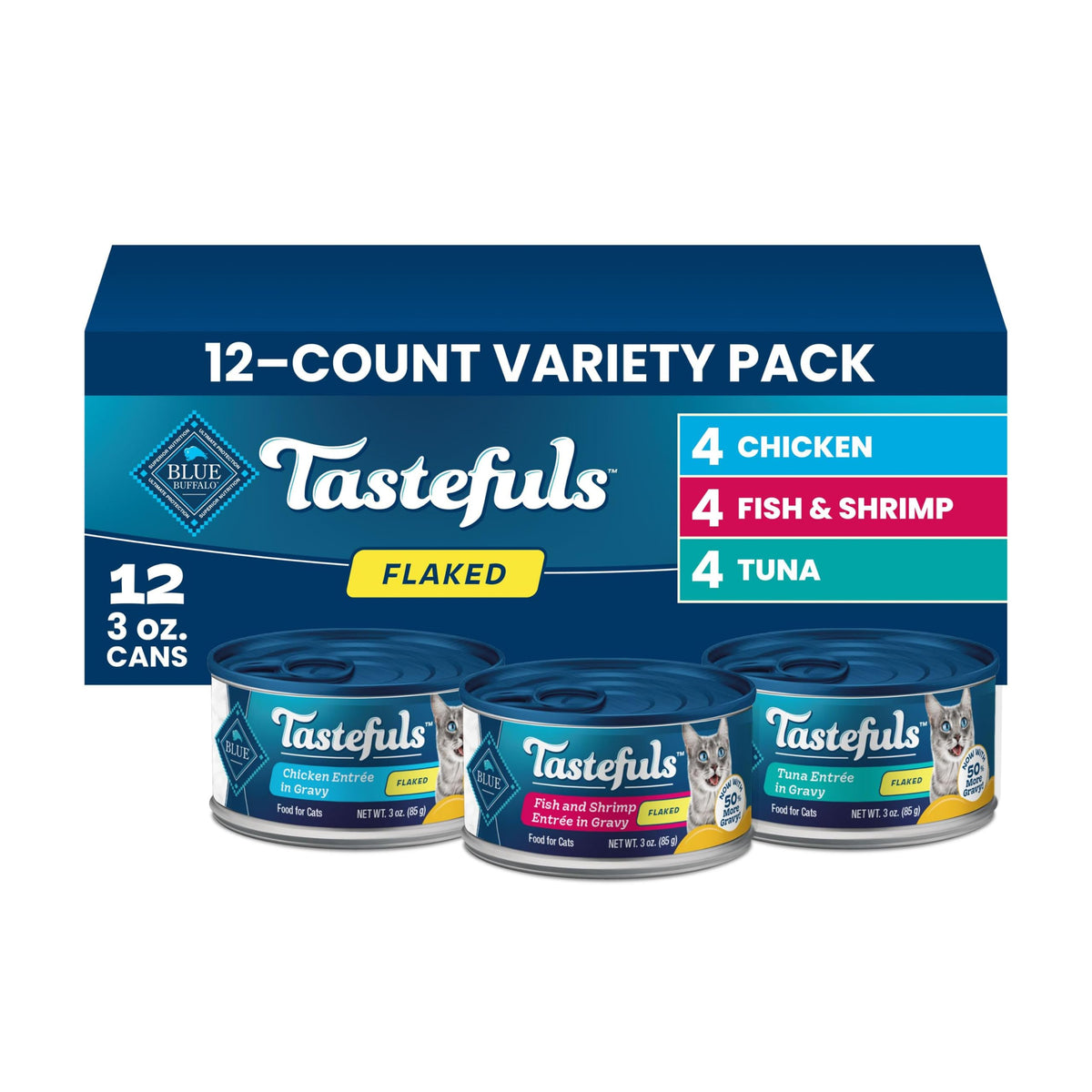 Blue Buffalo Tastefuls Wet Cat Food, Made with Natural Ingredients, Tuna and Chicken Flaked Entrées in Gravy, 3oz Cans, 4-Count Variety Pack Trial Size