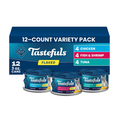 Blue Buffalo Tastefuls Wet Cat Food, Made with Natural Ingredients, Tuna and Chicken Flaked Entrées in Gravy, 3oz Cans, 4-Count Variety Pack Trial Size