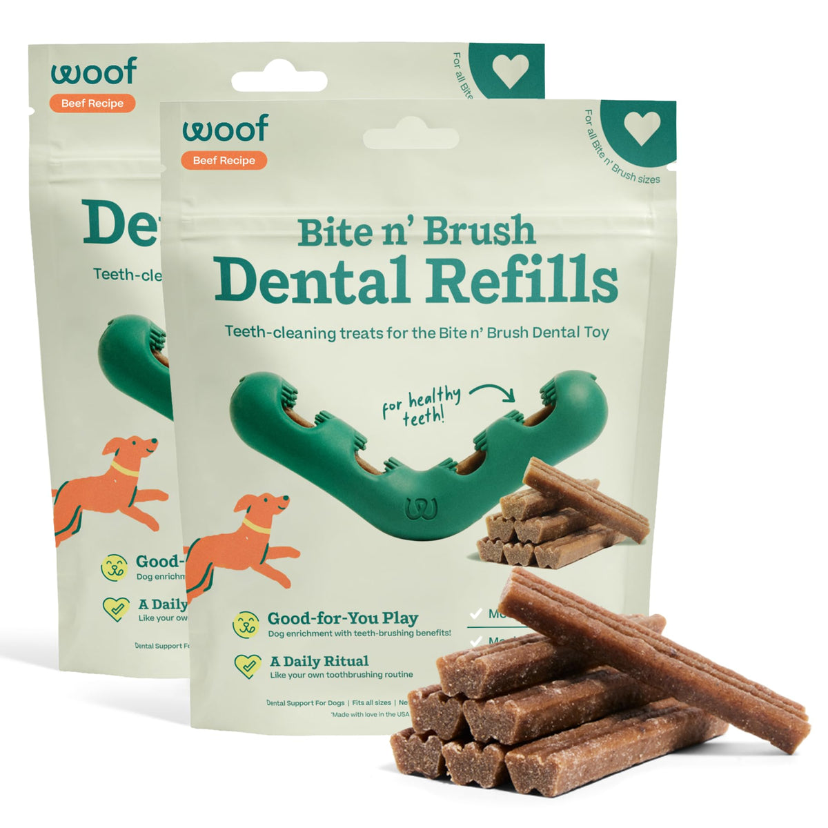 WOOF Bite n' Brush Dog Dental Sticks, Refills for Chew Toy, Chicken, 2 Pack