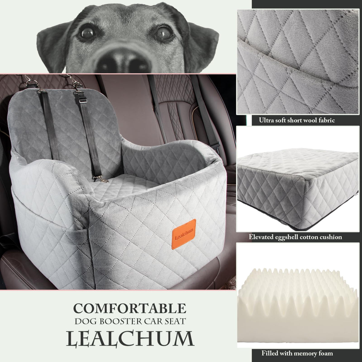 Lealchum Dog Booster Car Seat for S/M Dogs Up to 35lbs,Soft 6in Elevated Cushion,Fits in Front/Back Seat,Fully Detachable and Washable,2 Storage Pockets & 3 Straps,Easy to Install (Black/Brown,Medium)