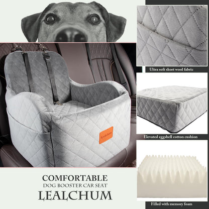 Lealchum Dog Booster Car Seat for S/M Dogs Up to 35lbs,Soft 6in Elevated Cushion,Fits in Front/Back Seat,Fully Detachable and Washable,2 Storage Pockets & 3 Straps,Easy to Install (Black/Brown,Medium)