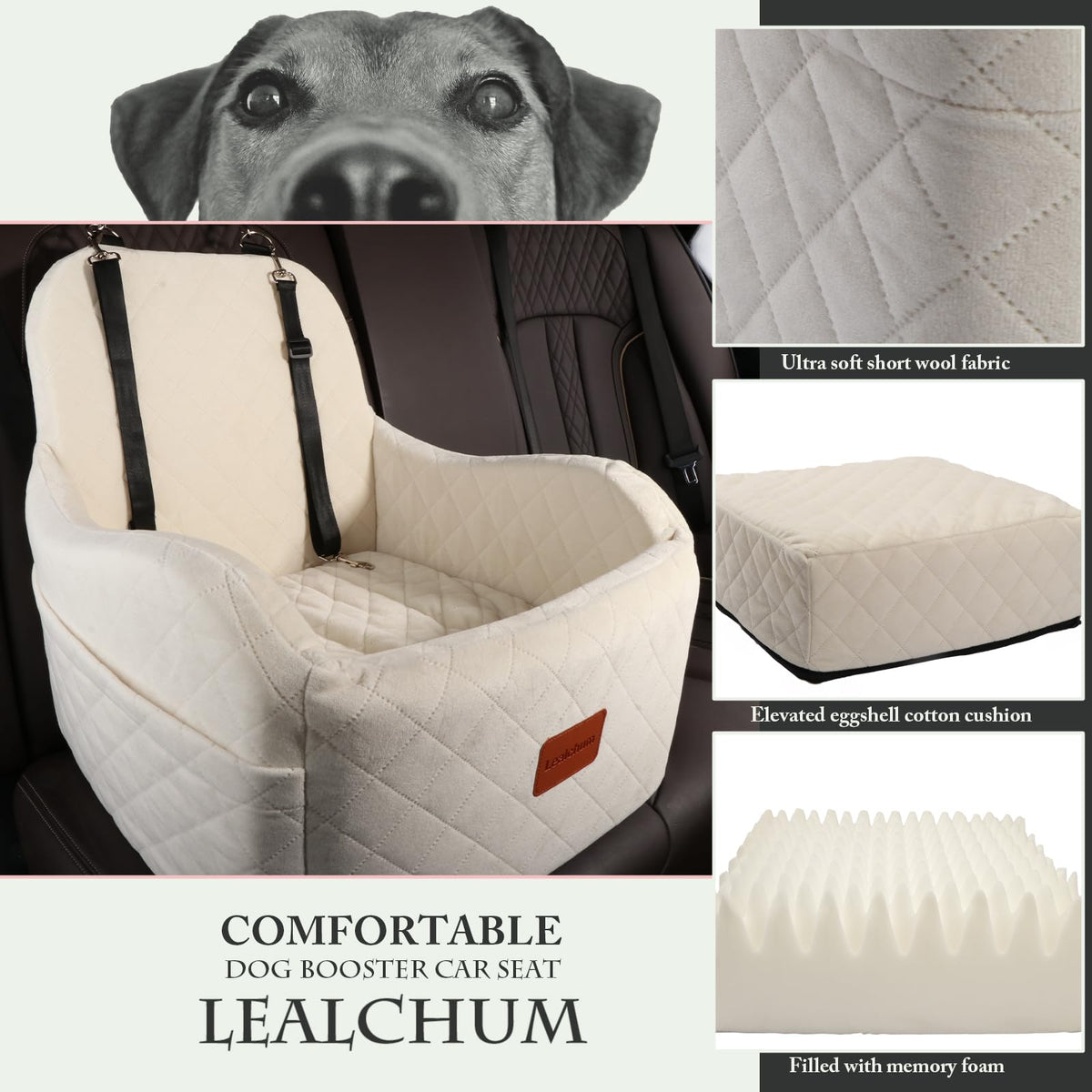 Lealchum Dog Booster Car Seat for S/M Dogs Up to 35lbs,Soft 6in Elevated Cushion,Fits in Front/Back Seat,Fully Detachable and Washable,2 Storage Pockets & 3 Straps,Easy to Install (Black/Brown,Medium)