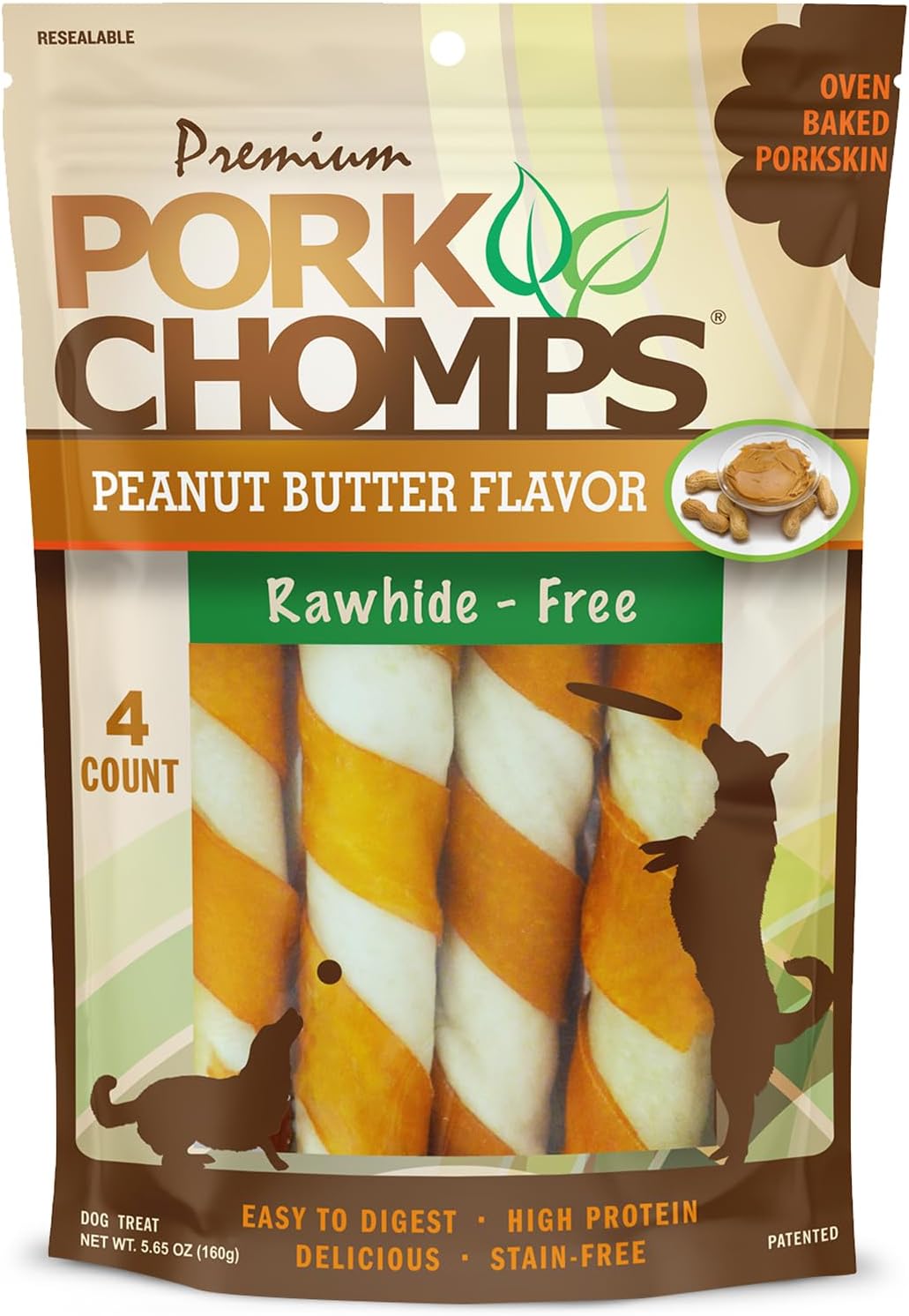 Pork Chomps Baked Pork Skin Dog Chews, 6 in Twists, Peanut Butter, 4 Count