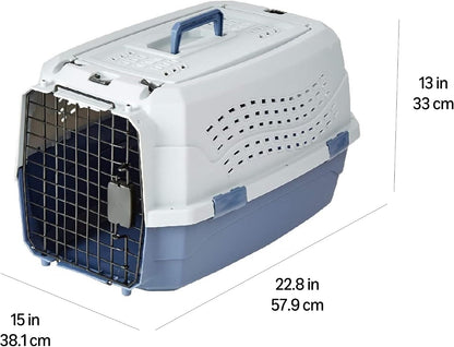 Amazon Basics Sturdy Portable 2-Door Top-Load Hard-Sided Pet Travel Carrier with Secure Ventilation, Handle, Front & Top Entry for Dogs, Cats, 22.8"L x 15"W x 13"H, Gray & Blue
