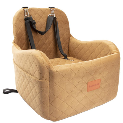Lealchum Dog Booster Car Seat for S/M Dogs Up to 35lbs,Soft 6in Elevated Cushion,Fits in Front/Back Seat,Fully Detachable and Washable,2 Storage Pockets & 3 Straps,Easy to Install (Black/Brown,Medium)