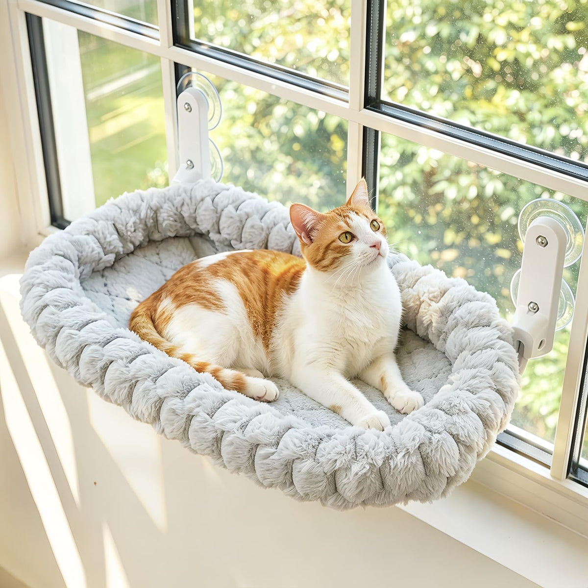 AMOSIJOY Cordless Cat Window Perch with Cushion Bed Metal Frame, L Gray