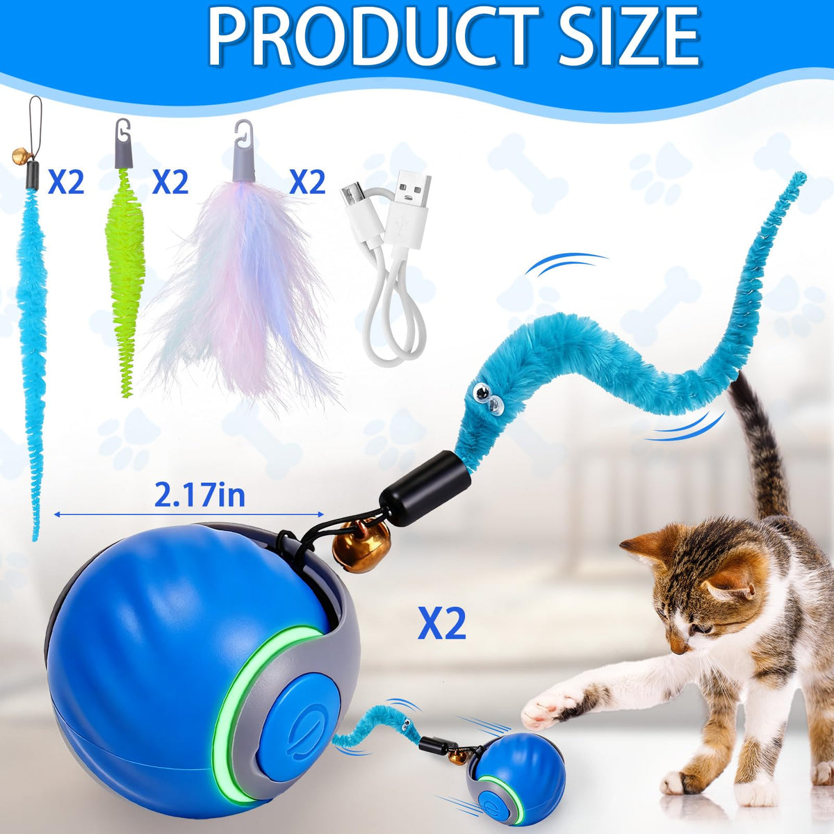 BABORUI Interactive Cat Toy Ball - Automatic Interactive Cat Toys for Indoor Cats with 3 Tails, 2 Speeds Rechargeable Cat Enrichment Toys for Small/Medium/Large Cats to Keep Them Busy(Blue)