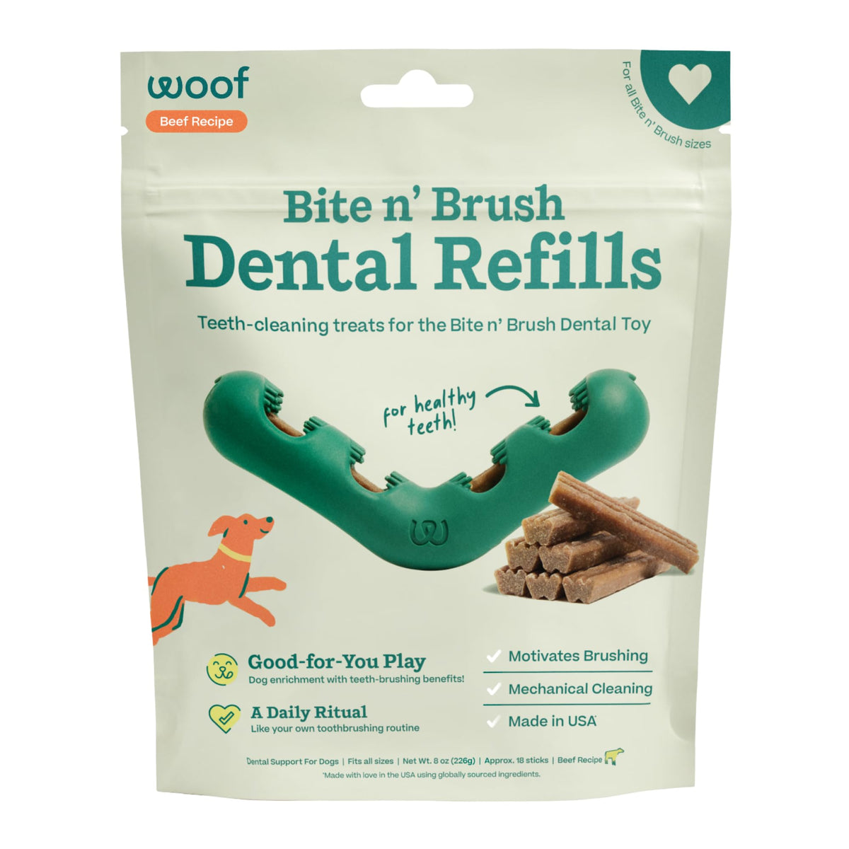 WOOF Bite n' Brush Dog Dental Sticks, Refills for Chew Toy, Chicken, 2 Pack