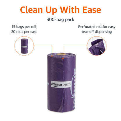 Basics Dog Poop Leak Proof Bags with Dispenser and Leash Clip, Unscented, 13" x 9" Large Size, 300 Count