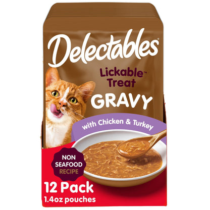 Delectables Lickable Treat Gravy Wet Cat Treat Variety Pack, Food Topper, Hydrating, Grain-Free, No Fillers, By-Products, Added Preservatives, 1.4oz Pouch, 12ct