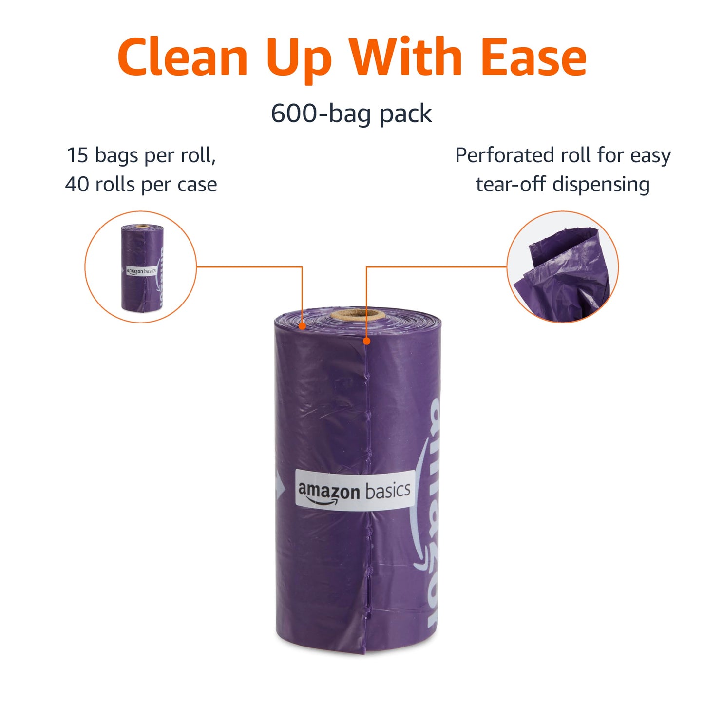 Basics Dog Poop Leak Proof Bags with Dispenser and Leash Clip, Unscented, 13" x 9" Large Size, 300 Count