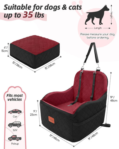 Lealchum Dog Booster Car Seat for S/M Dogs Up to 35lbs,Soft 6in Elevated Cushion,Fits in Front/Back Seat,Fully Detachable and Washable,2 Storage Pockets & 3 Straps,Easy to Install (Black/Brown,Medium)
