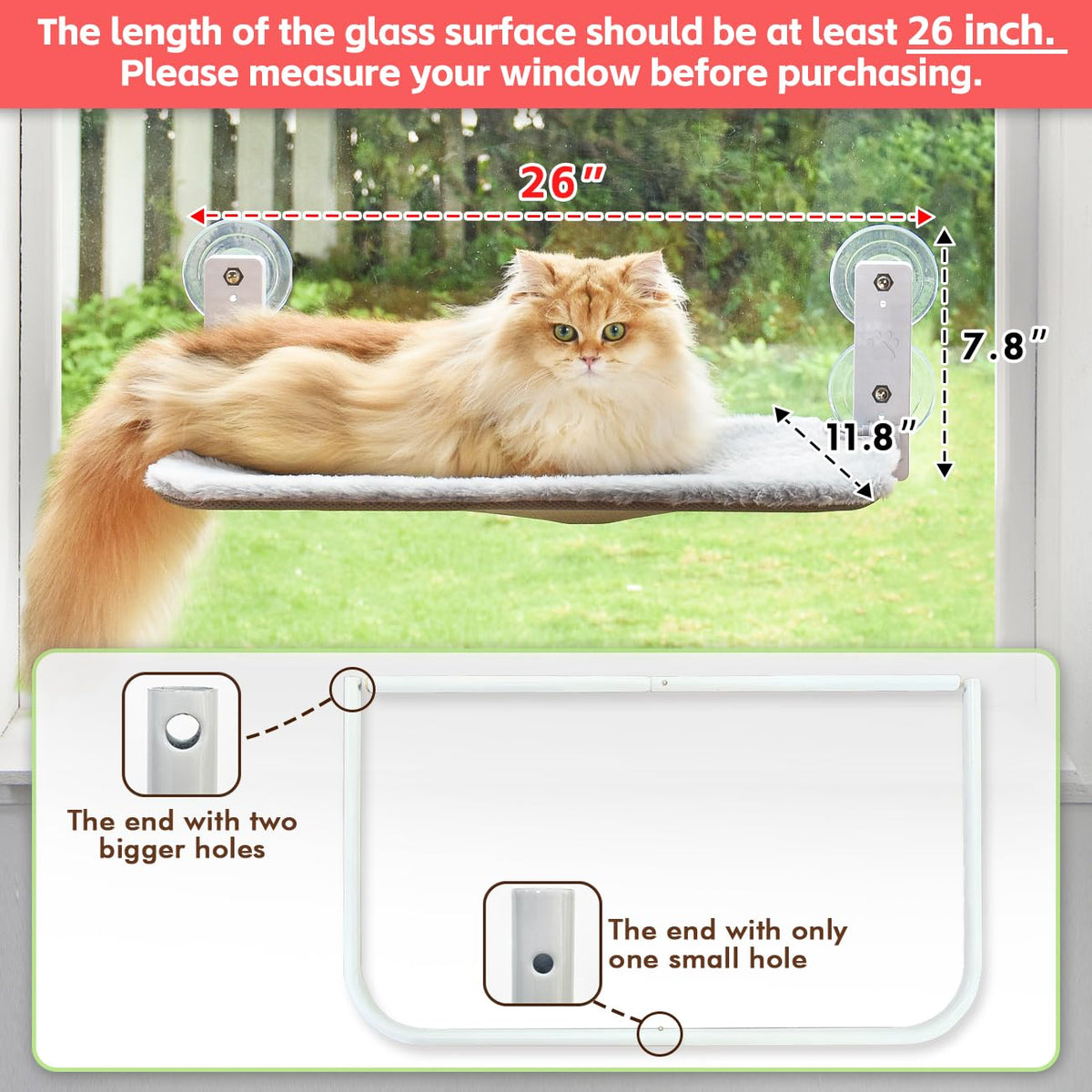 AMOSIJOY Cordless Cat Window Perch with Cushion Bed Metal Frame, L Gray