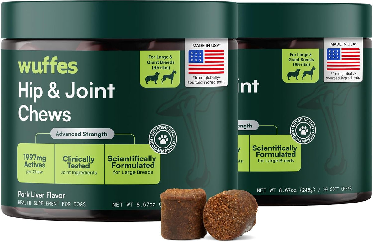 Wuffes Advanced Hip & Joint Supplement (2-Pack) - Soft Chews for Large Dogs with Glucosamine, Chondroitin, Omega 3, MSM & Green Lipped Mussel, Supports Mobility & Flexibility, 60 Pork Flavored Chews