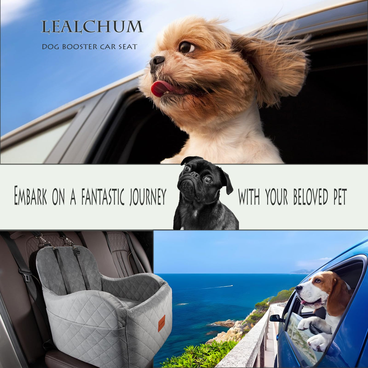 Lealchum Dog Booster Car Seat for S/M Dogs Up to 35lbs,Soft 6in Elevated Cushion,Fits in Front/Back Seat,Fully Detachable and Washable,2 Storage Pockets & 3 Straps,Easy to Install (Black/Brown,Medium)