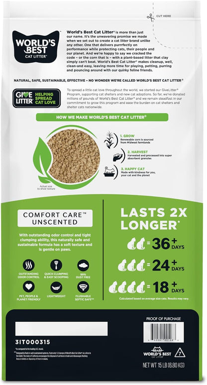 World's Best Cat Litter, Comfort Care, Unscented, Odor Control, 15 lb Bag