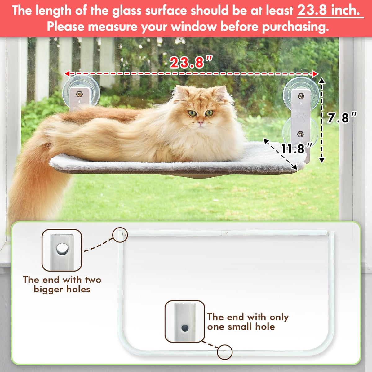 AMOSIJOY Cordless Cat Window Perch with Cushion Bed Metal Frame, L Gray