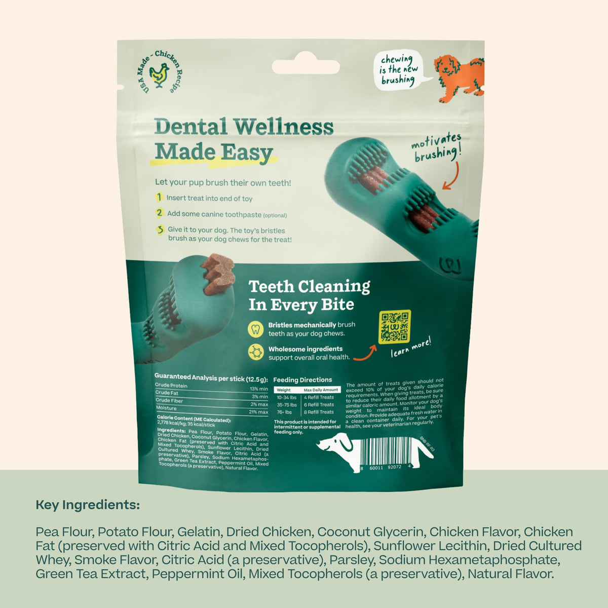 WOOF Bite n' Brush Dog Dental Sticks, Refills for Chew Toy, Chicken, 2 Pack