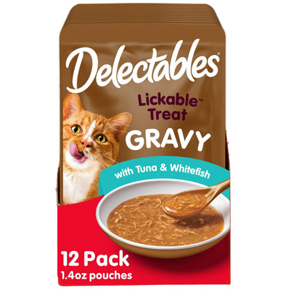 Delectables Lickable Treat Gravy Wet Cat Treat Variety Pack, Food Topper, Hydrating, Grain-Free, No Fillers, By-Products, Added Preservatives, 1.4oz Pouch, 12ct