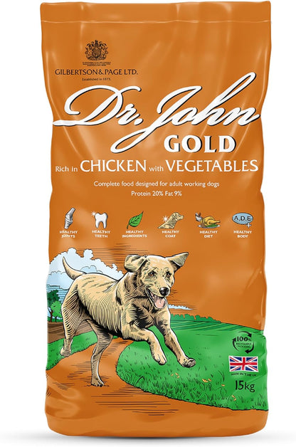 Dr John Gold Dry Dog Food 15kg - Chicken & Vegetables Complete Dog Food - High Energy Adult & Senior Dog Food for Active & Working Dogs - Balanced Daily Nutrition
