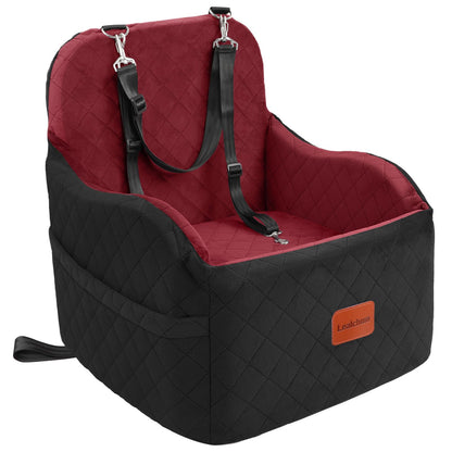 Lealchum Dog Booster Car Seat for S/M Dogs Up to 35lbs,Soft 6in Elevated Cushion,Fits in Front/Back Seat,Fully Detachable and Washable,2 Storage Pockets & 3 Straps,Easy to Install (Black/Brown,Medium)