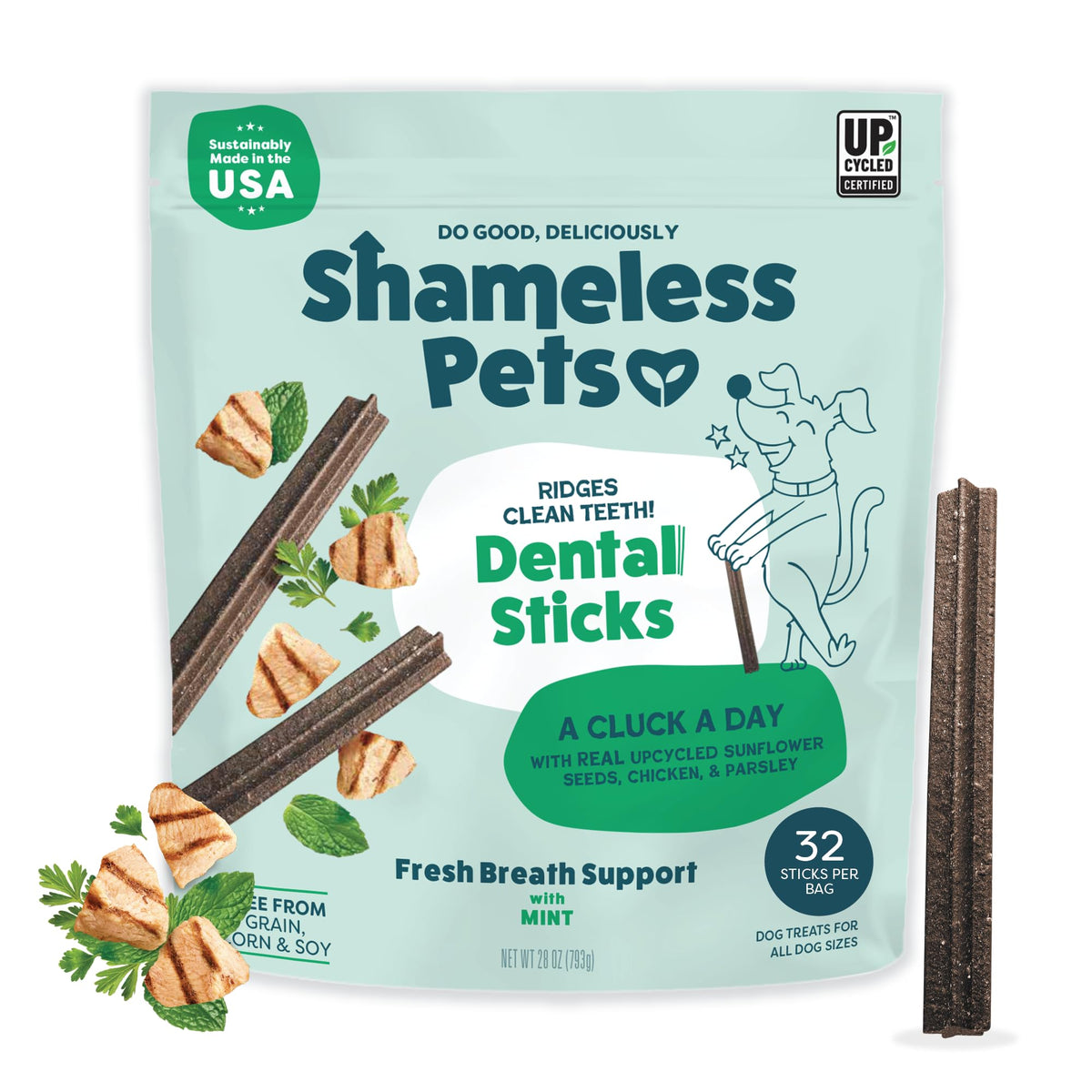 Shameless Pets Blueberry & Mint Dental Chews for Dogs, 8 Chews - Natural Dog Teeth Cleaning Treats with Fresh Breath Benefits | Grain-Free Dental Sticks for Small, Medium & Large Dogs (Pack of 6)