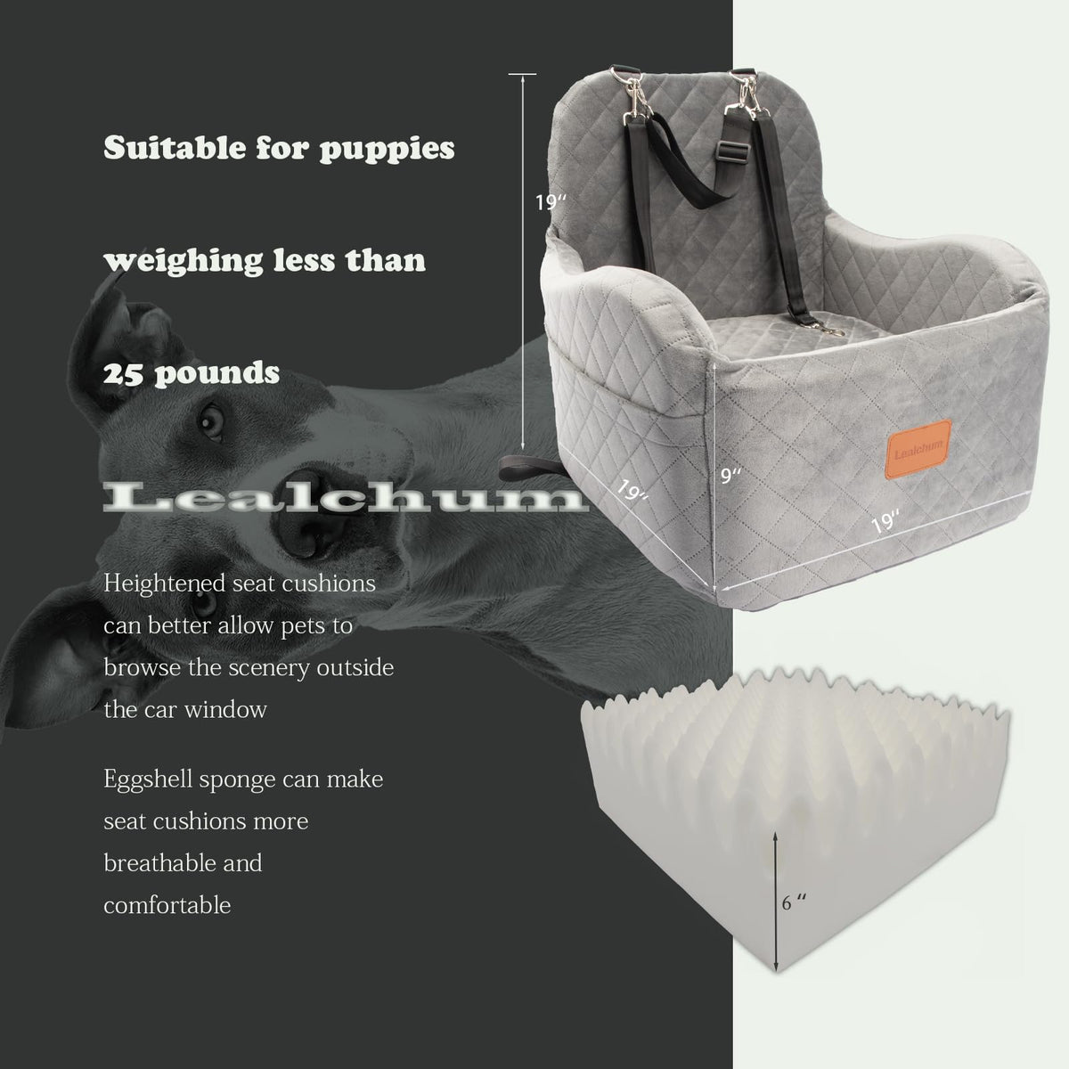 Lealchum Dog Booster Car Seat for S/M Dogs Up to 35lbs,Soft 6in Elevated Cushion,Fits in Front/Back Seat,Fully Detachable and Washable,2 Storage Pockets & 3 Straps,Easy to Install (Black/Brown,Medium)