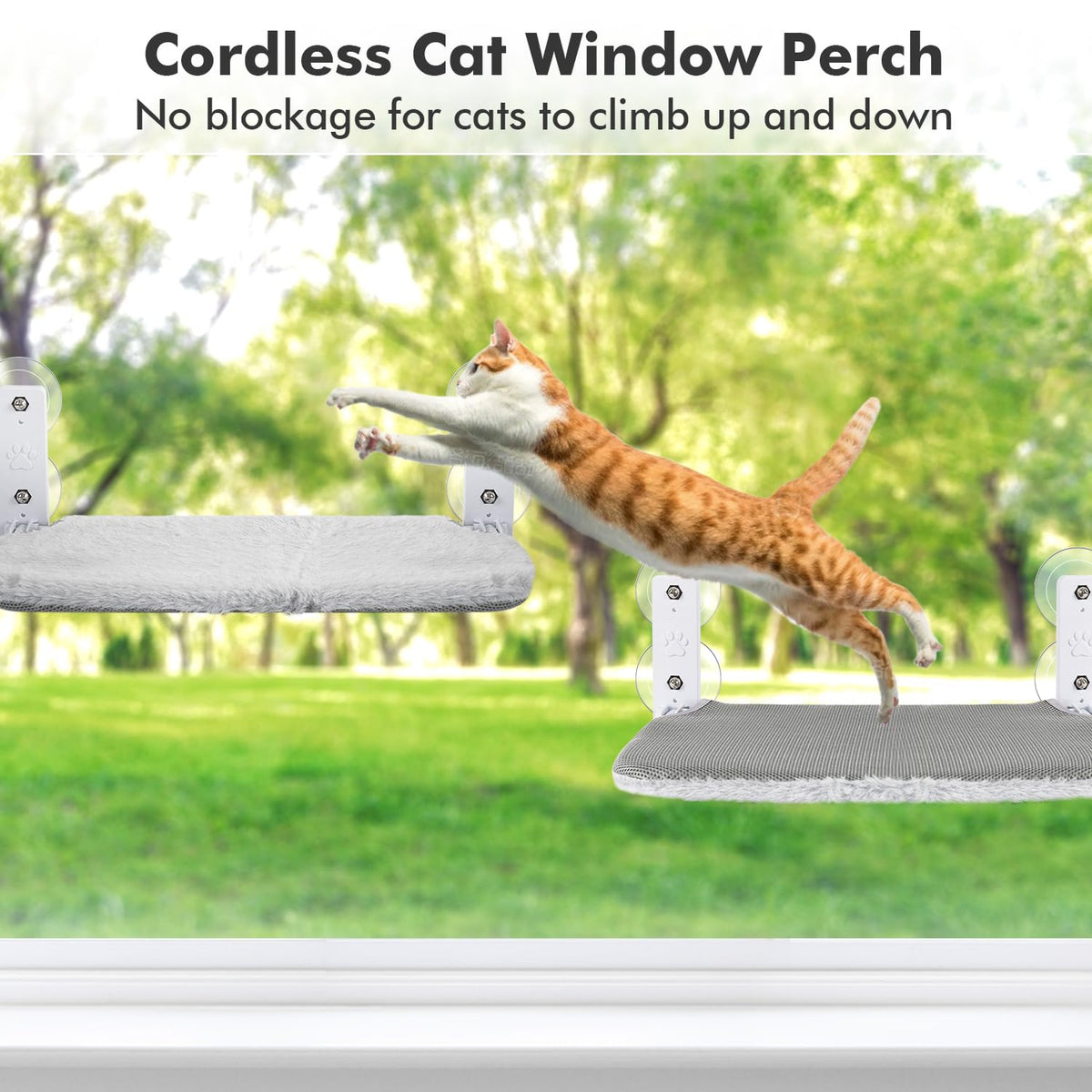 AMOSIJOY Cordless Cat Window Perch with Cushion Bed Metal Frame, L Gray