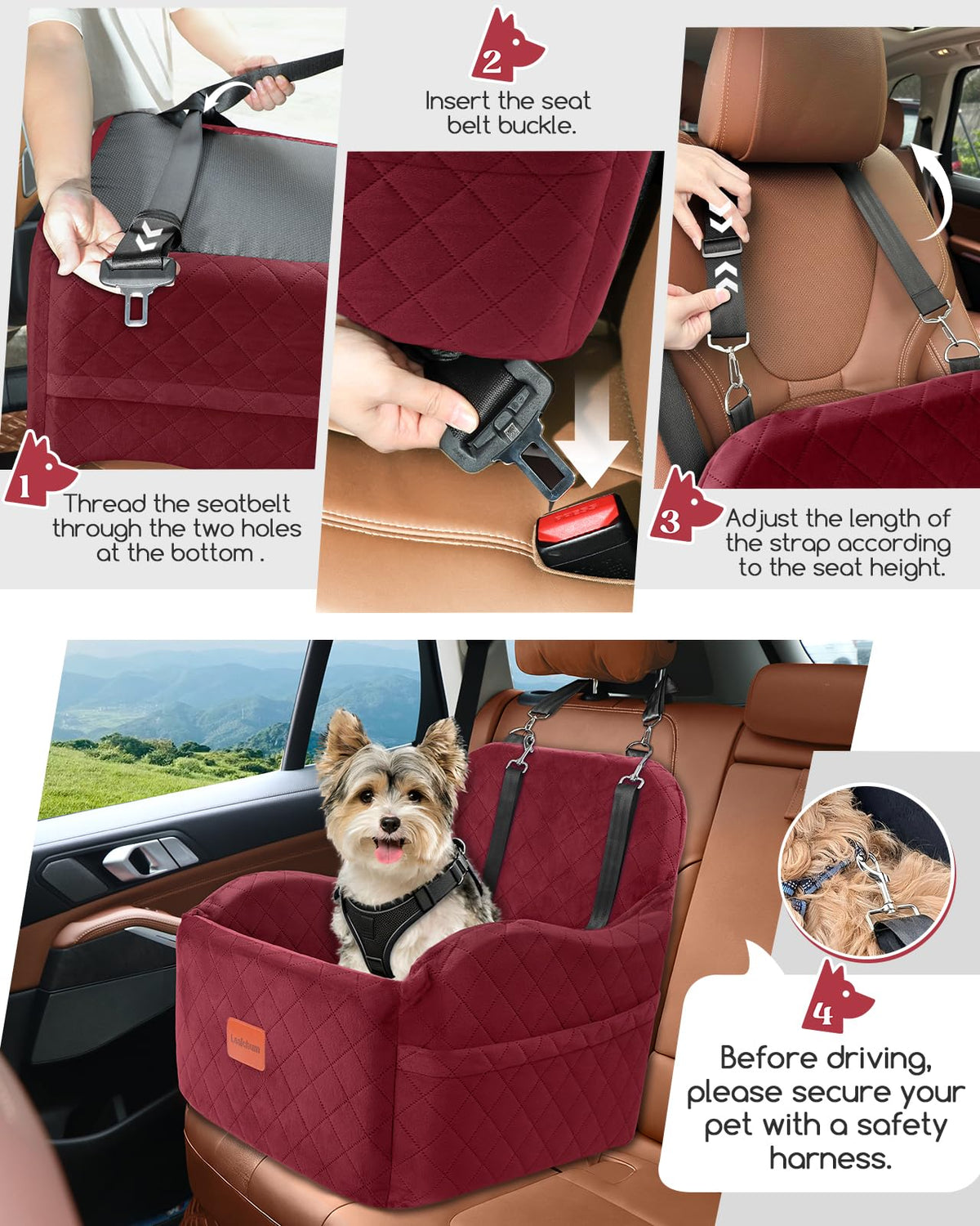 Lealchum Dog Booster Car Seat for S/M Dogs Up to 35lbs,Soft 6in Elevated Cushion,Fits in Front/Back Seat,Fully Detachable and Washable,2 Storage Pockets & 3 Straps,Easy to Install (Black/Brown,Medium)