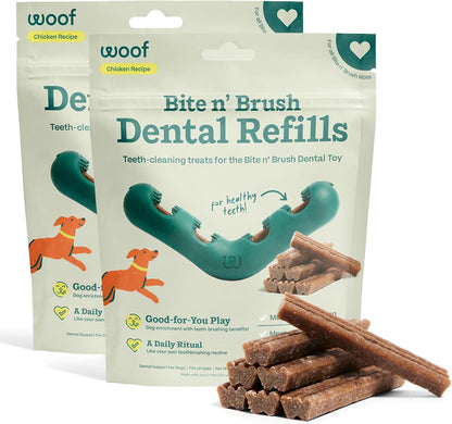 WOOF Bite n' Brush Dog Dental Sticks, Refills for Chew Toy, Chicken, 2 Pack