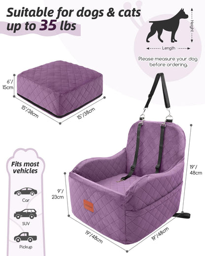 Lealchum Dog Booster Car Seat for S/M Dogs Up to 35lbs,Soft 6in Elevated Cushion,Fits in Front/Back Seat,Fully Detachable and Washable,2 Storage Pockets & 3 Straps,Easy to Install (Black/Brown,Medium)