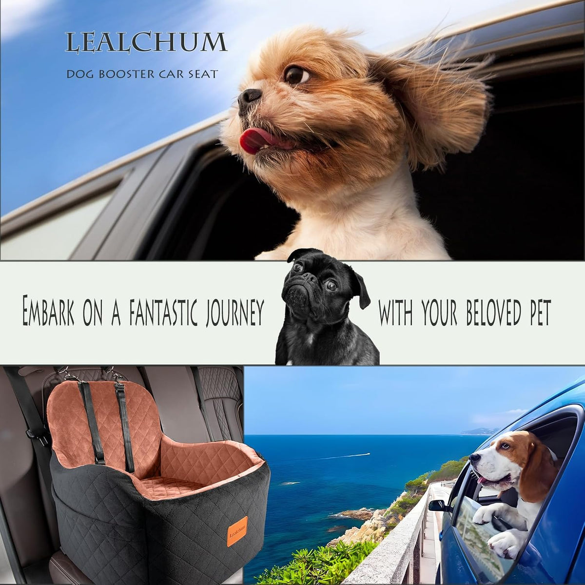 Lealchum Dog Booster Car Seat for S/M Dogs Up to 35lbs,Soft 6in Elevated Cushion,Fits in Front/Back Seat,Fully Detachable and Washable,2 Storage Pockets & 3 Straps,Easy to Install (Black/Brown,Medium)