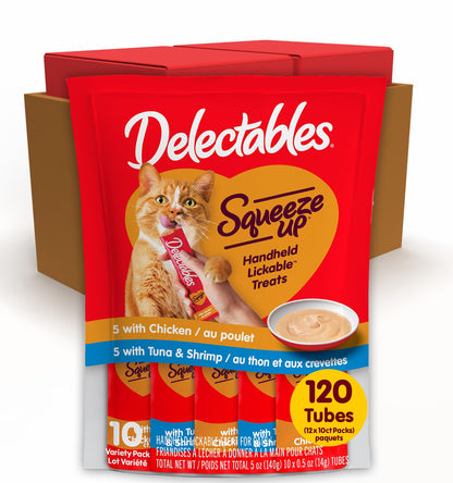 Delectables Squeeze Up Variety Pack, Creamy Squeezable Puree, Lickable Wet Cat Treats, Grain Free, No Added Fillers, No by-Products, No Added Preservatives, 0.5 Ounces Tube, 72 Tubes Total