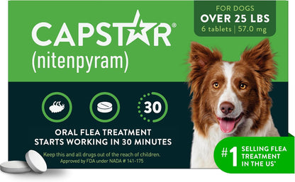 Capstar for Dogs (nitenpyram), Fast-Acting Oral Flea Treatment for Dogs Over 25+ lbs, Vet-Recommended Flea Medication Tablets Start Killing in 30 Minutes, 6 Doses
