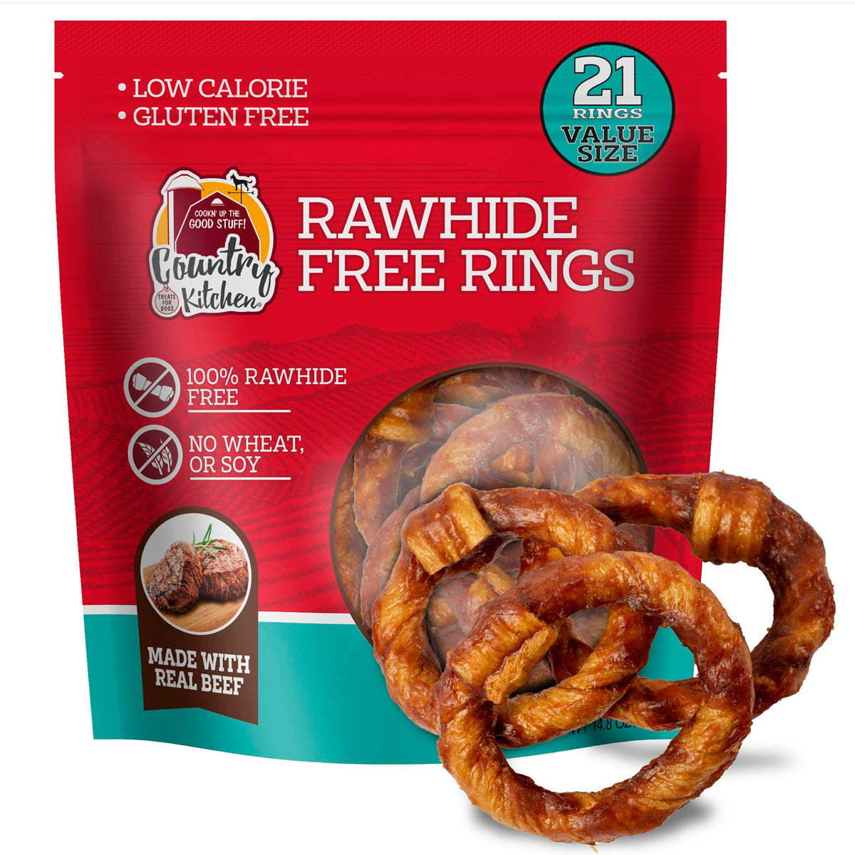Country Kitchen Rawhide Free, Peanut Butter Rings Dog Chews, 21 Count
