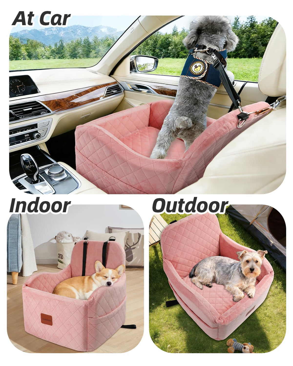 Lealchum Dog Booster Car Seat for S/M Dogs Up to 35lbs,Soft 6in Elevated Cushion,Fits in Front/Back Seat,Fully Detachable and Washable,2 Storage Pockets & 3 Straps,Easy to Install (Black/Brown,Medium)