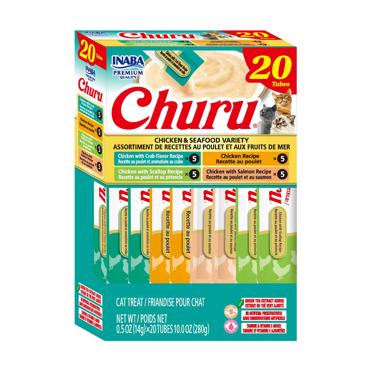 INABA Churu Cat Treats, Lickable, Squeezable Creamy Purée Cat Treat with Green Tea Extract & Taurine, 0.5 Ounces Each Tube, 20 Tubes, Chicken Variety Box