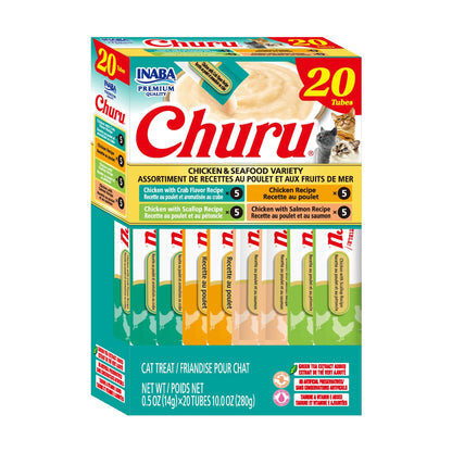 INABA Churu Cat Treats, Lickable, Squeezable Creamy Purée Cat Treat with Green Tea Extract & Taurine, 0.5 Ounces Each Tube, 20 Tubes, Chicken Variety Box