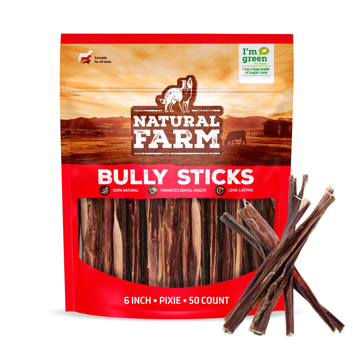 Natural Farm Odor-Free Bully Sticks (6 Inch, 25 count),1.3 lb. Bag, Fully Digestible 100% Beef Pizzle Chews,Grass-Fed, Non-GMO,Grain-Free, Natural Long-Lasting Chews for Small & Large Dogs. Pack of 25