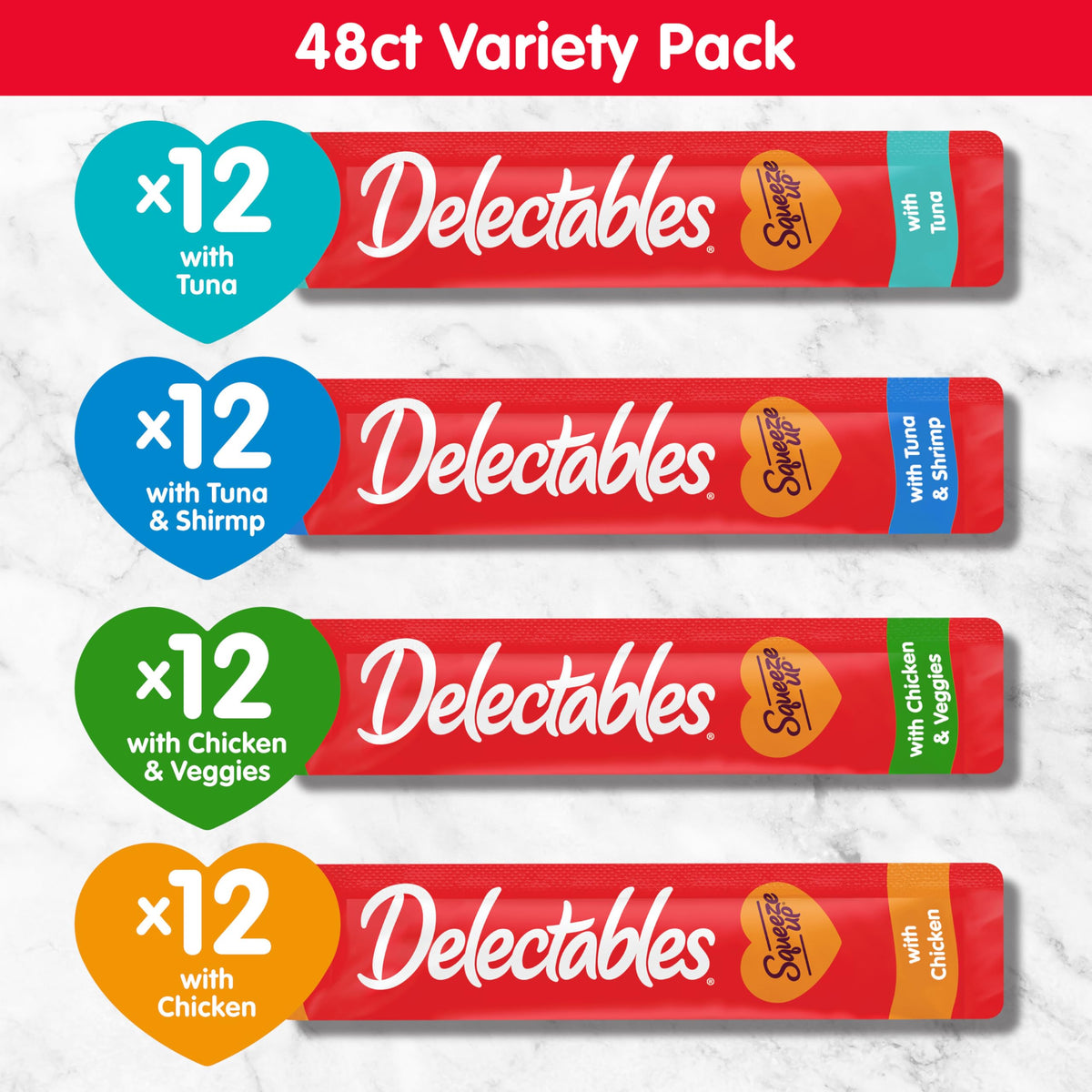 Delectables Squeeze Up Variety Pack, Creamy Squeezable Puree, Lickable Wet Cat Treats, Grain Free, No Added Fillers, No by-Products, No Added Preservatives, 0.5 Ounces Tube, 72 Tubes Total